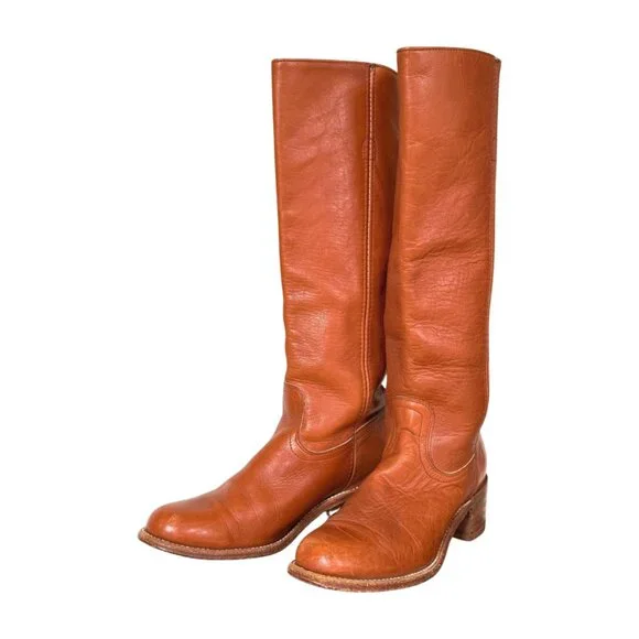 Vintage FRYE Tall Boots Made in USA Leather Riding Campus Boots Brown 8.5 B - Picture 1 of 7